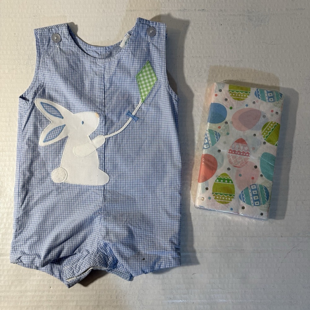 Easter Bunny 1 piece Romper Blue Gingham Baby Boy Size 6 Mo Easter Napkins Snap